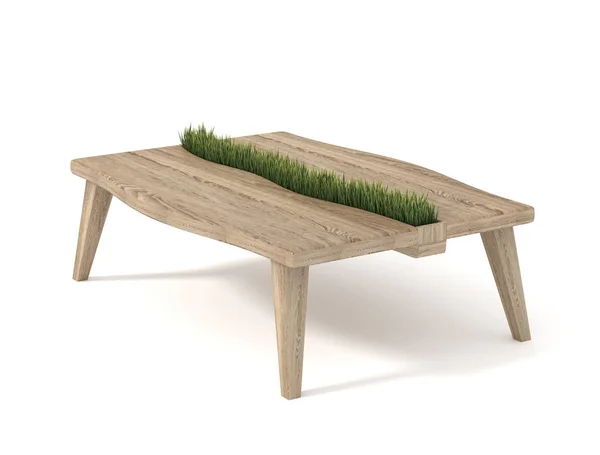Mesa de madeira com vaso embutido com grama verde, isolado no whi — Fotografia de Stock