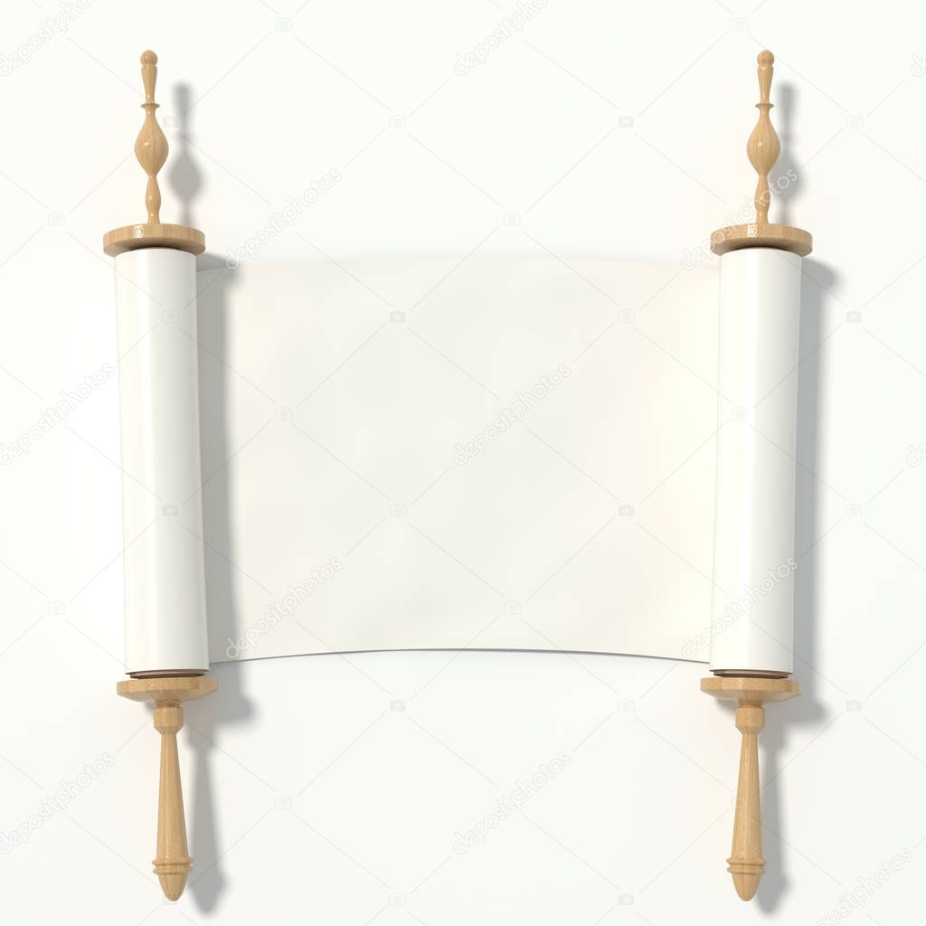 Scroll to the white paper on the wooden roller, isolated on whit