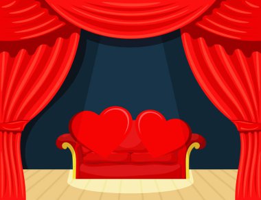 Resmi çizgi film tiyatro kırmızı sahne arkası spot ve kırmızı hea