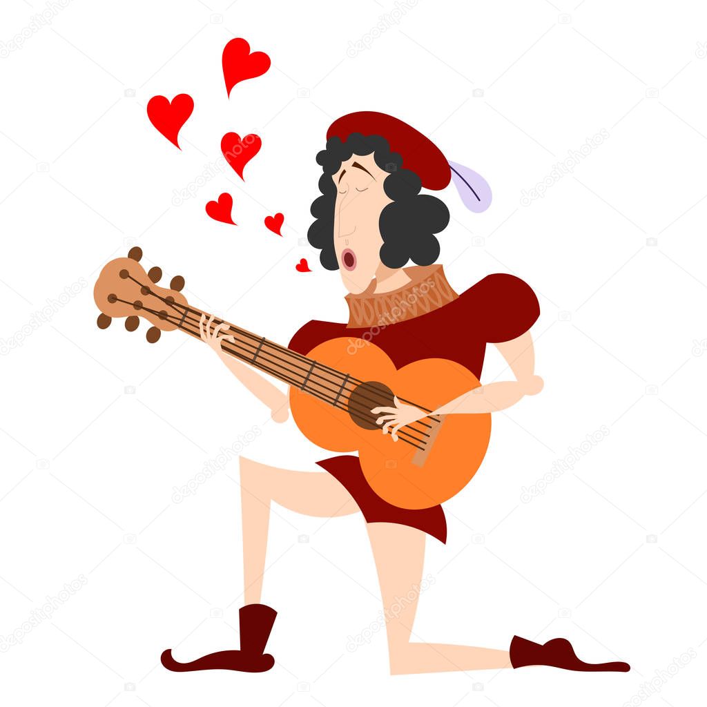 Color image of a medieval guitar on one knee. The singer with a 