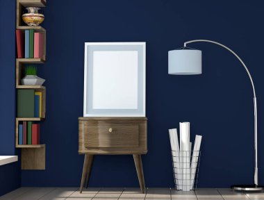 poster düzen çerçevesi mavi duvar ve kitaplar, iç b ile alay