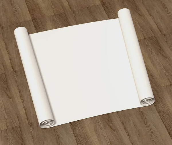 Rolo vazio puro de papel de desenho em uma superfície de madeira. 3D illustr — Fotografia de Stock
