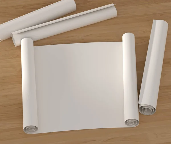 Defina o rolo vazio de papel de desenho em uma superfície de madeira. 3D illustra — Fotografia de Stock