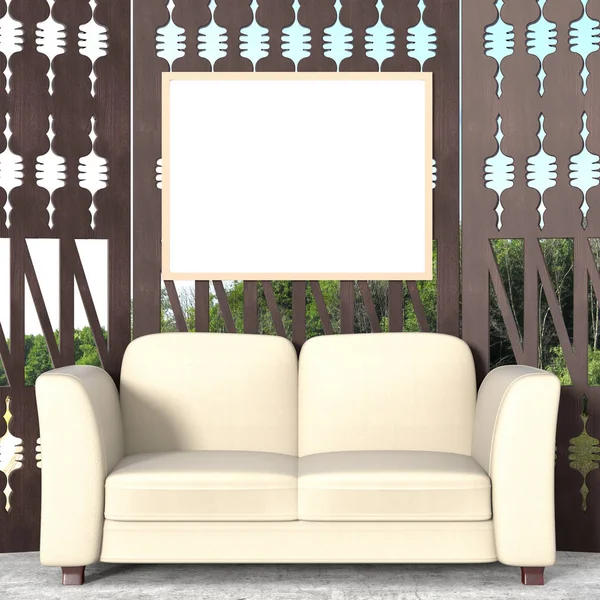 Mock up a modern interior. Wooden deck with white soft sofa, a v — Stock Photo, Image