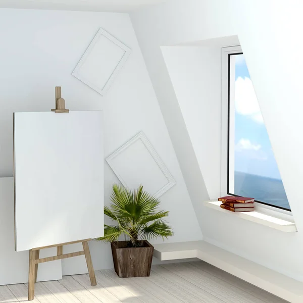 Illustrazione 3D dello studio di un artista libero con una finestra che si affaccia — Foto Stock