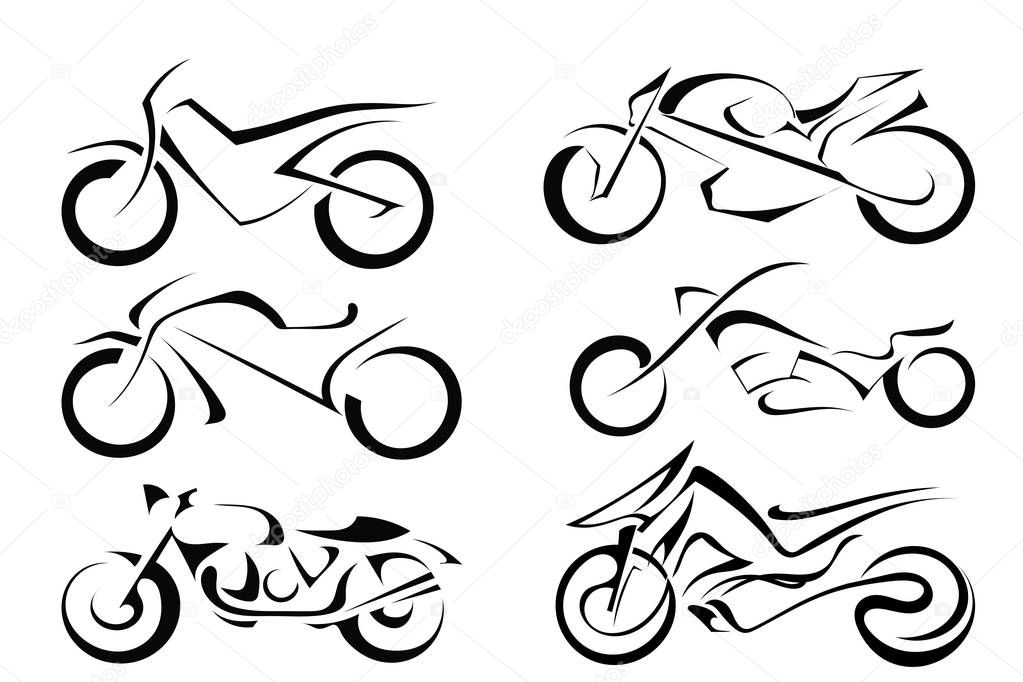 Set of black vector motorcycles on a white background. Abstract 