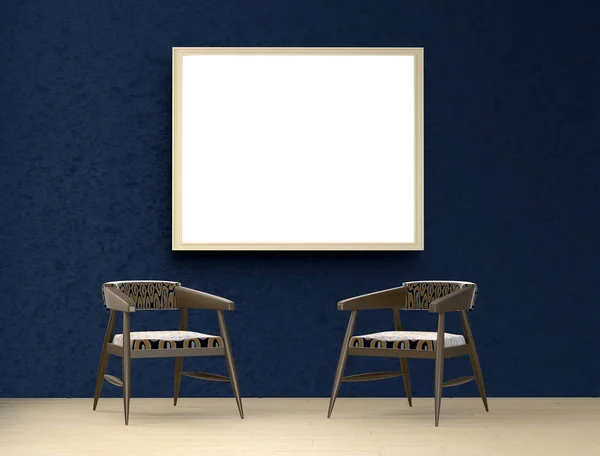 Mock up interior. Blue room with two chairs and a picture. 3d re — Stock Photo, Image