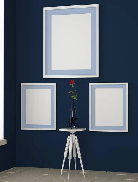 Innenraum nachmachen. das blaue Zimmer mit Gemälden an den Wänden. Das ist der Grund, warum es so schwierig ist, eine Lösung zu finden. — Stockfoto