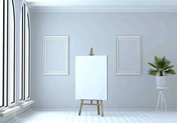 Illustrazione 3d di un cavalletto in legno con una tela bianca. Scherzi? . — Foto Stock