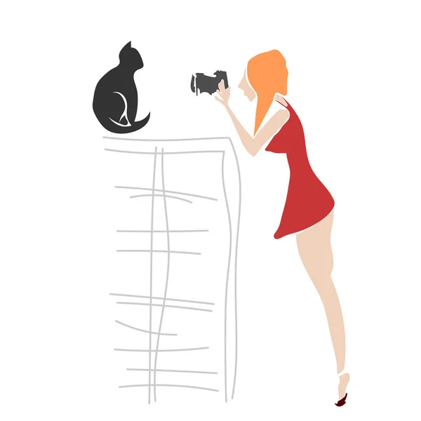 矢量插图滑稽有趣的女孩摄影师和猫。动漫类 — 图库矢量图片