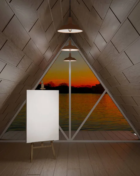 Mockup met zonsondergang, houten wanden van een abstracte kamer en een versnelling — Stockfoto