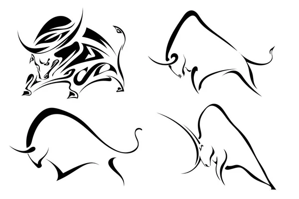 野生の雄牛の黒いイメージのセット。白 b の抽象的なバッファロー — ストックベクタ