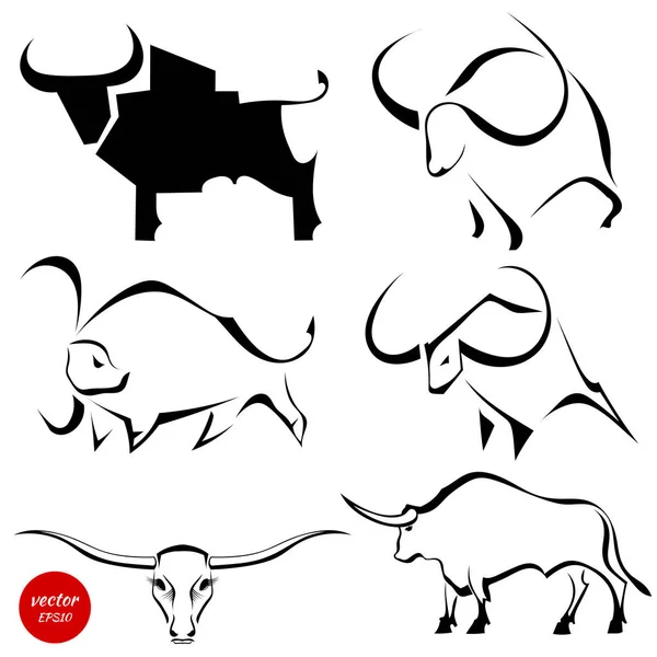 Set van zwart beelden van wilde stieren. Abstracte gestileerde buffalo op — Stockvector