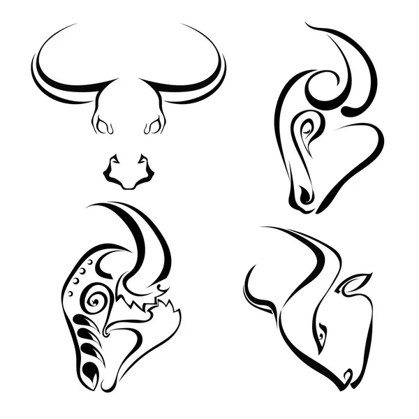 Uppsättning svart bilder av huvudet vilda tjurar. Buffalo på en vit baksida — Stock vektor