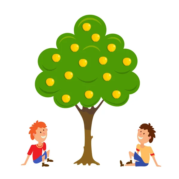 Twee jongens in de buurt van de appelboom. Cartoon vectorillustratie van een — Stockvector