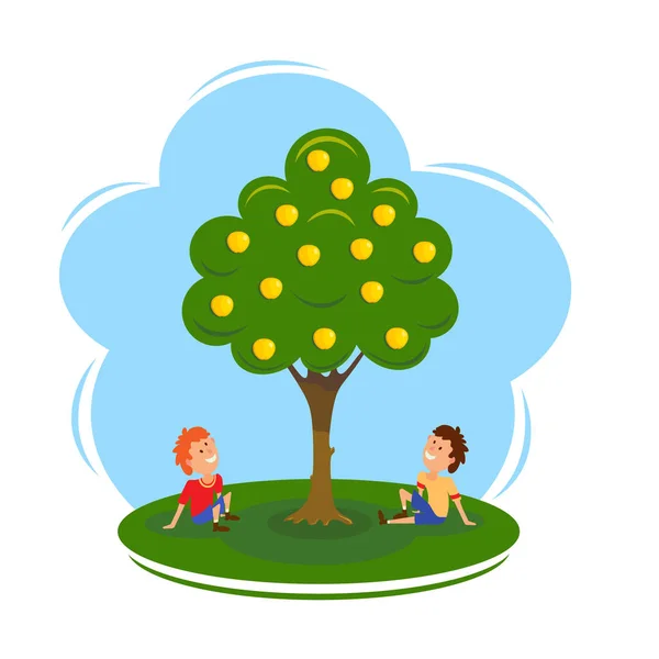 Jungen neben dem Apfelbaum. Zeichentrickvektorillustration eines Appl — Stockvektor