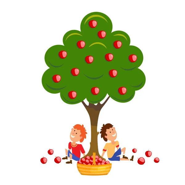 Δύο αγόρια με ένα καλάθι με μήλα. Ένα έγχρωμο καρτούν εικονογράφηση — Διανυσματικό Αρχείο