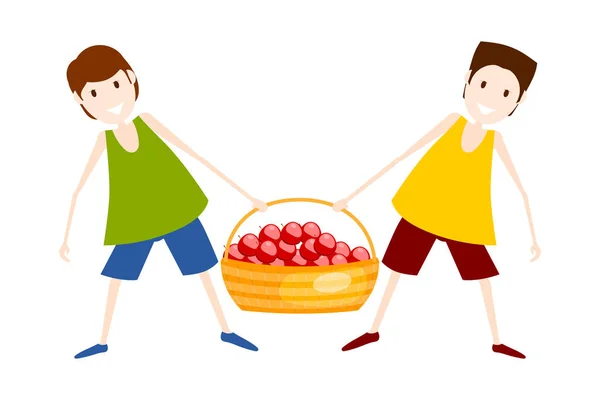 Dos chicos con una cesta de manzanas rojas. Cosecha. Vector illustr — Vector de stock