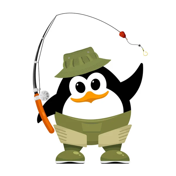 Абстрактний пінгвін у рибальських гумових черевиках, капелюсі та вудці на — стоковий вектор
