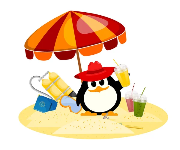 Cartoon kleurenafbeelding van een kleine pinguïn onder een parasol op — Stockvector