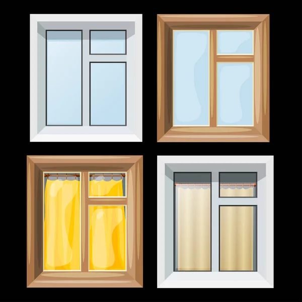 Un conjunto de dibujos animados imagen de color de la ventana y las cortinas en un negro — Vector de stock