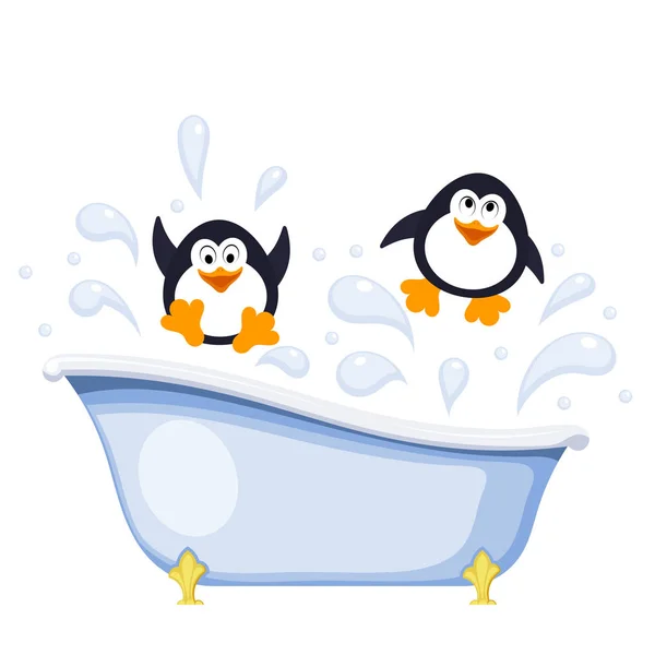 Dos pequeños pingüinos se bañan en la bañera. Caricatura de color abstracto st — Vector de stock