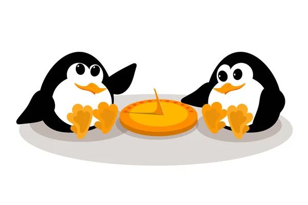 Concept of a sundial. Abstract image of two small penguins near — Stock Vector