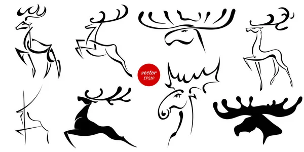 Set of black images of moose and deer. Abstract drawings of anim — Stock Vector