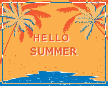 Retro poster palmiye ağaçları, deniz ve plaj ile. Vintage kartpostal, c