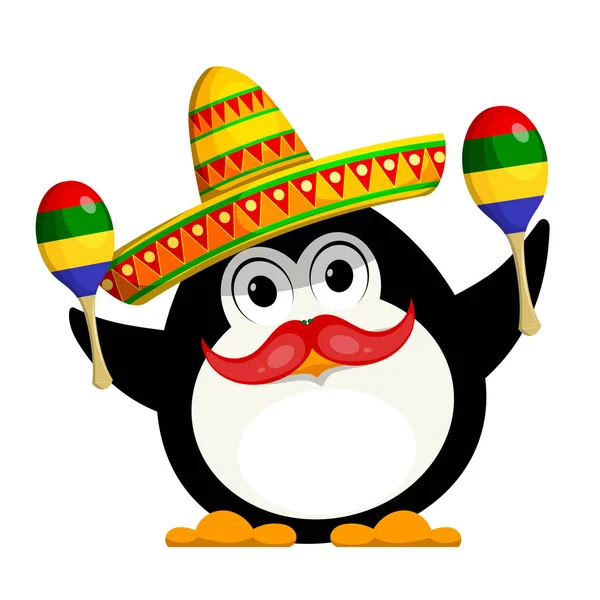 Pingüino con un Maracas y un sombrero. Imagen a color de dibujos animados de una — Vector de stock