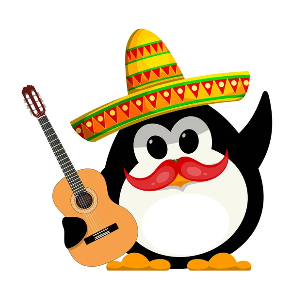 Pinguim com uma guitarra e um sombrero. Desenhos animados imagem de cor de um y — Vetor de Stock