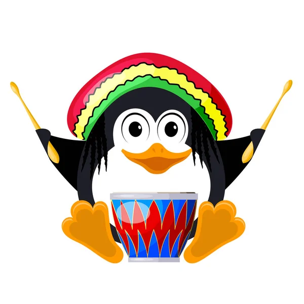 Pingüino con un tambor en una boina. El pingüino es Rastamán. . — Vector de stock