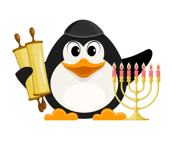 Young Jew with Torah and Hanukkah candle Holder on a white backg — Stock Vector