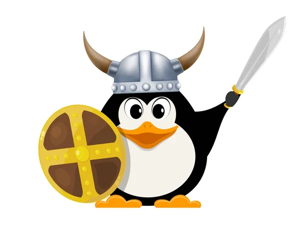 Un petit pingouin en costume viking. Pingouin enfant avec un bouclier , — Image vectorielle