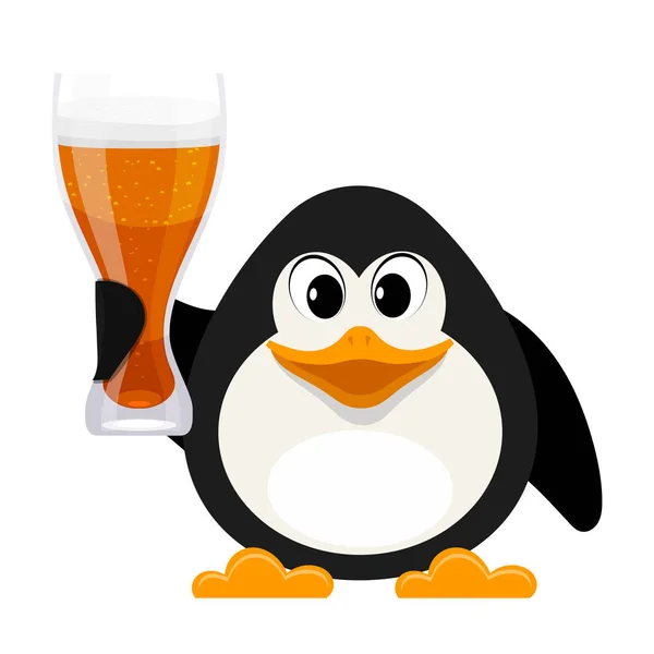 Penguin bergaya kartun dengan segelas bir dengan latar belakang putih - Stok Vektor