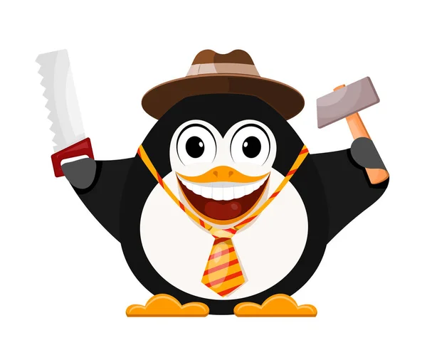 Feliz pingüino en un sombrero con un martillo y una sierra. Día del Padre estafa — Vector de stock