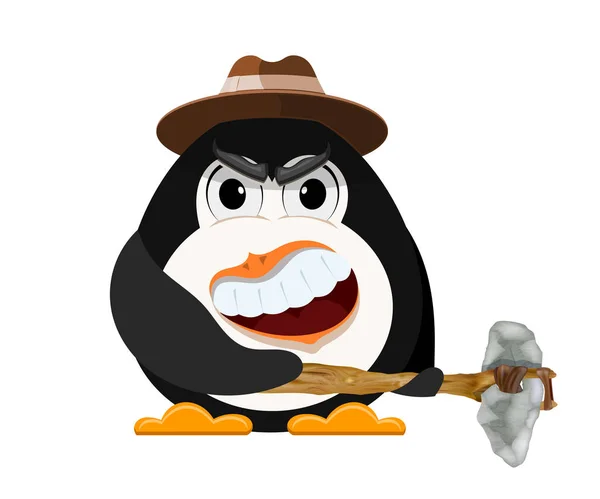 Abstracte evil penguin met hoed en primitieve stenen bijl in zijn han — Stockvector