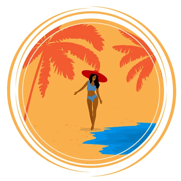 Cartaz Retro redondo com palmeiras, mar, menina e praia. Vindima —  Vetores de Stock