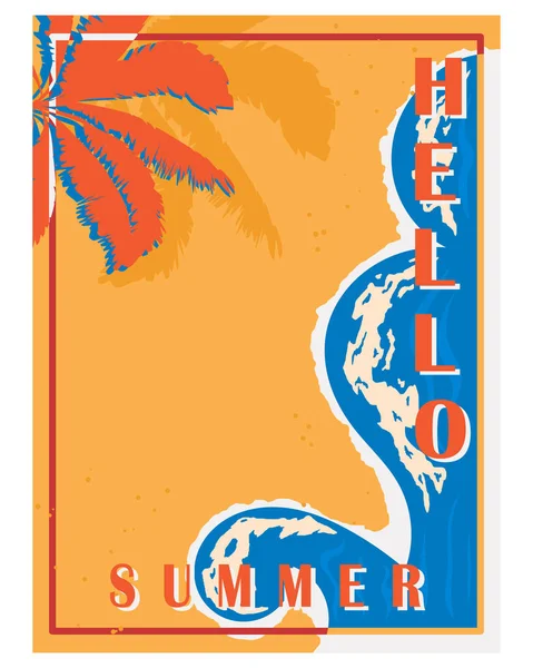 Cartaz retrô com palmeiras, mar e praia. Cartão postal vintage, t — Vetor de Stock