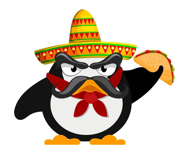 Pingouin avec sombrero et un taco. À la mexicaine. Vecteur de bande dessinée — Image vectorielle