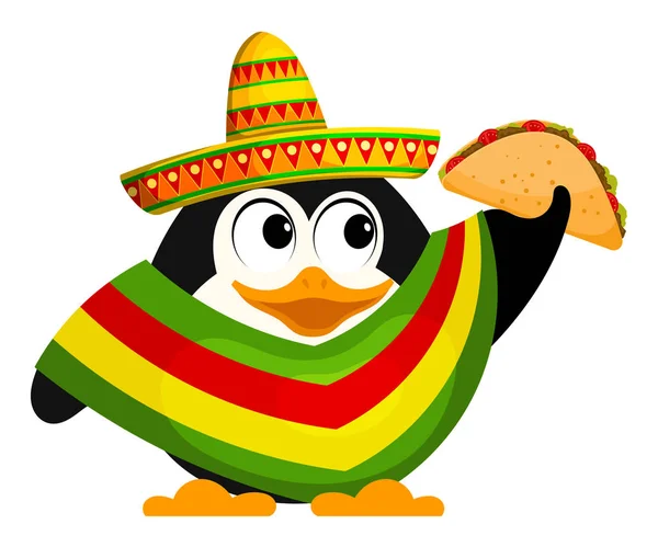 Pinguim bonito com um poncho, sombrero e um taco. Mexicano — Vetor de Stock