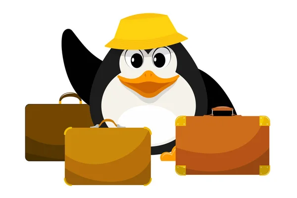 Young penguin in a yellow panama with three suitcases on a white — Stock Vector