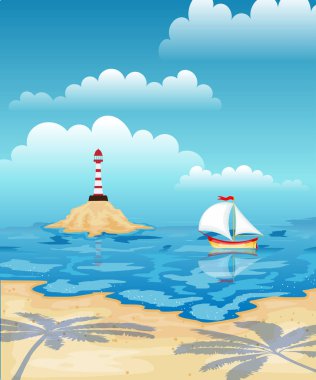 Yelkenli deniz ve deniz feneri. Palm tre ile tropikal plaj