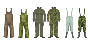 Avcılık ve balıkçılık Çizmeli için özel iş elbisesi kümesi. Vektör illus