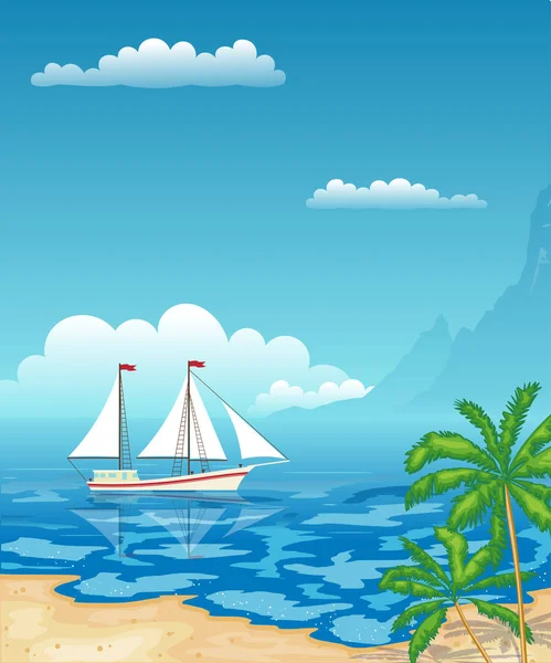 Velero en el mar. Playa tropical con palmeras y mountai — Vector de stock