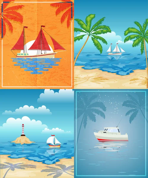 Set Sailboats  in the sea. Tropical beach with palm trees. Rest, — Stock Vector