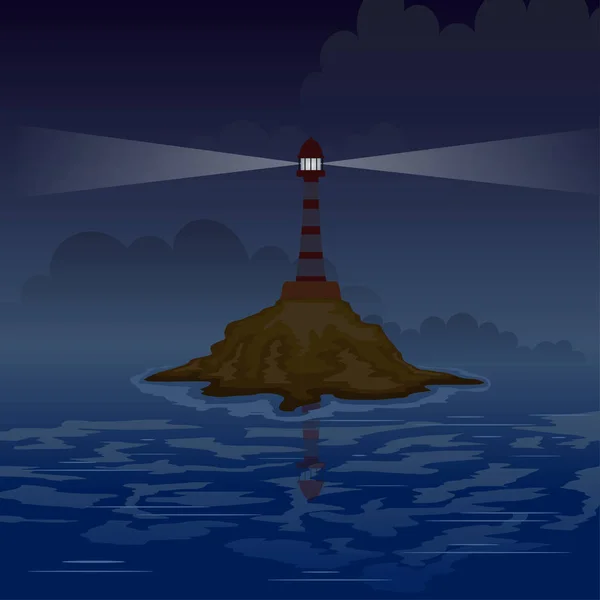 Lighthouse on the island at night with rays. Vector illustration — Stock Vector