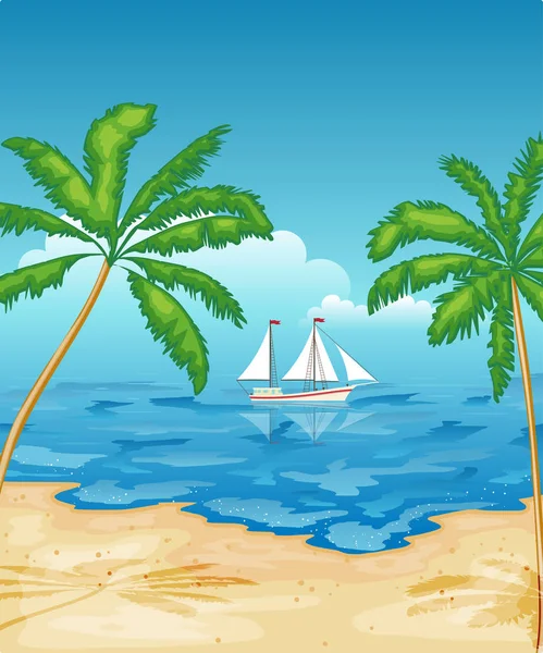 Sailboat in the sea. Tropical beach with palm trees. Rest, trave — Stock Vector