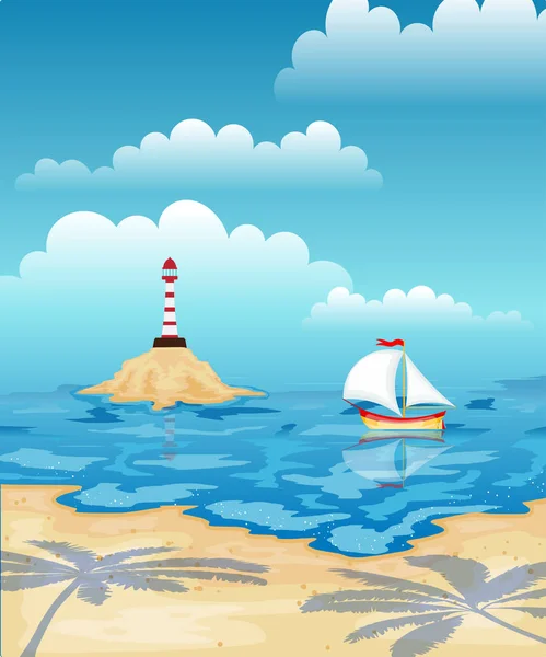 Sailboat in the sea and lighthouse. Tropical beach with palm tre — Stock Vector