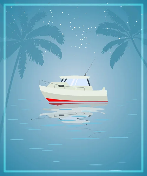 Cartolina blu con una nave. Riposo ai tropici. Illustrazione vettoriale — Vettoriale Stock